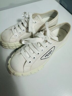 Prada Cream Canvas Low-Top Sneakers with Logo Patch